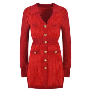 2024 Autumn Red Solid Color Dress Long Sleeve V-Neck Buttons Short Casual Dresses Y4W092212001