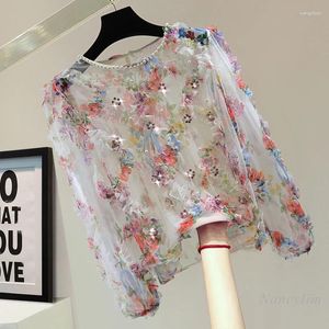 Blouses feminina Fundou a impressão de malha de malha feminina Camisa de proteção solar de verão Slimming Shorts Rhinestones