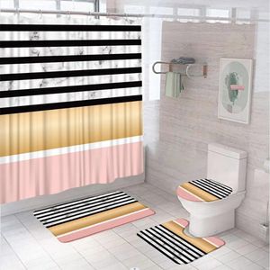 Duschvorhänge Stoff Marmor Vorhang Sets Nicht rutschfestes Teppich Toilettenabdeckung Bad Mat Abstrakt moderne geometrische Streifen rosa Goldbadebadebildschirm