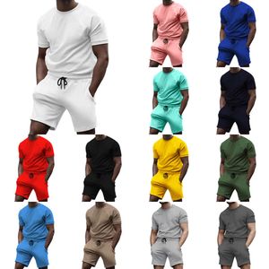 2024 Short sleeved T-shirt men's spring/summer casual fashion solid color two-piece sports set, trendy quarter pants for men M513 38