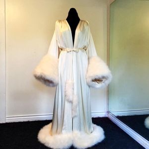 Women's Evening Dresses Robe Nightgown Bathrobe Pajamas Sleepwear With Fur Train Long Sleeve Jackets Bridesmaid Shawel 256A