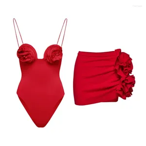 Moda de banho feminina sólida vermelha 2024 sexy 3d flor de uma peça de saia feminina push up up swimshwear roupas de praia de verão vestido de maiô