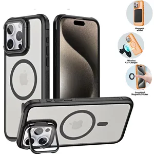 Anti Fingerprint Magnetic Acrylic Kickstand Phone Case for IP 15 Pro Max 14 Pro 13 12 11 Samsung S24 Plus S24 Ultra Camera Lens Protection Matte Shockproofケース