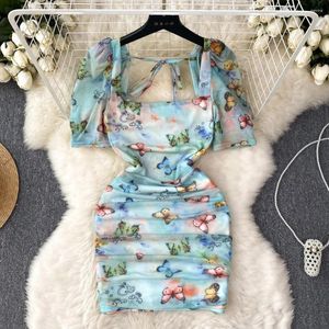 Party Dresses Elegant Printed Summer Dress Women Sexig fyrkantig hals Se genom Mesh Short Sleeve Slim Stretch High midje Mini Club