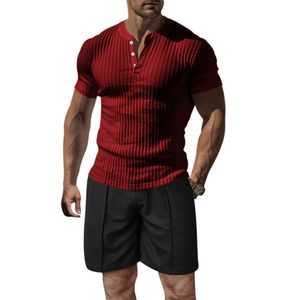 American Henry shirt, summer casual solid color T-shirt, shorts, two-piece set, men's sports and fitness set M514 46