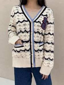 Women's Knits 2024 Summer Hollow Knit Cardigan Autumn Coat Color Striped Letter Jacquard Casual College Style V-neck Sweater Top For Women