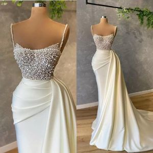 2022 Luxury Pearls Spaghetti aftonklänning Beading Sequins Ruched Prom Gowns Satin Sweep Train Mermaid Party Dresses B0424 282J