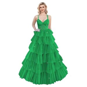 Spaghetti Straps V Neck Prom Dresses spetsbollklänning för kvinnor i lager tyllkvällsklänningar prom amz