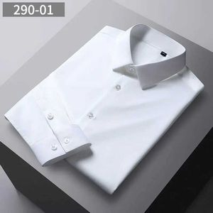 メンズドレスシャツメンズホワイトエラスティックマーサー化長slidシャツ中年のビジネスカジュアルな非アイアンスムースフェイスシャツY240514