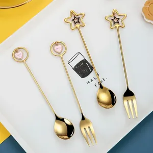 Forks Heart Shape Stainless Steel Spoon Tableware Gold Milk Coffee Stirring Dessert Cake Kitchen Accessories Utensil