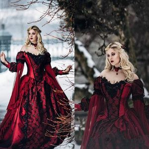 Gotisk sovande skönhet prinsessa medeltida vinröd och svart aftonklänning långärmad spetsapplikationer viktorianska maskerad brudklänningar 2149