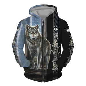 남성용 후드 땀 셔츠 3D 늑대 인쇄 남성 후드 셔츠 지퍼와 대형 재킷 재킷 세련되고 레트로 의류가있는 거리 펑크 스타일의 후드 셔츠