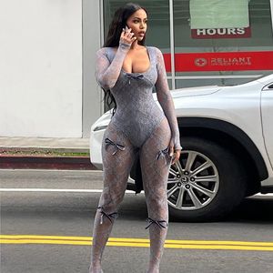 STYLISH LADY See Through Lace Up Rompers and Jumpsuits 2024 Summer Women Long Sleeve O Neck Bodycon Sexy Club Party Overalls