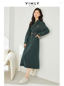 Casual Dresses Vimly Women's Retro Denim Dress with Leather 2024 Autumn Fashion Turn-Down Collar Button Up Split Midi Shirt 72711