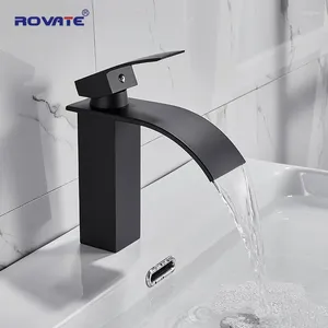 Zlew łazienki krany ROVATE Mat Black Chaucet Waterfall Vanity Zimnowo -mikserowe tap lawory nowoczesne stałe mosiądz