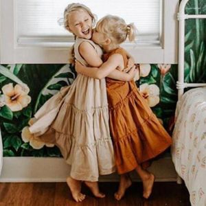 Kız elbiseler sevimli fırfırlı pileli elbise 1-8 yıl çocuklar için kızlar vestidos yaz pamuk keten çocuklar kolsuz boho toddler giyim