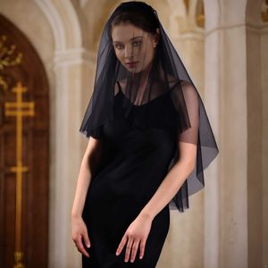 Bröllopshårsmycken V215 2 Tier Bridal Veil med Blusher Black Wedding Veil med Comb Cover Soft Tulle Short Wedding Dress Accessories for Bride