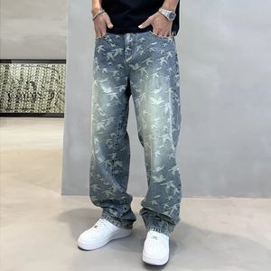 Jacquard Full Print High Street Trendy Brand Design Feeling Jeans For Mens Loose Straight Tube Washed Wide Ben Casual Pants 240430