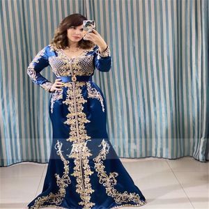 Elegant marockansk kaftan aftonklänning formella festklänningar blå spetsapplikationer algeriska dubai islamiska muslimska sjöjungfrun prom klänningar långa SL 2330