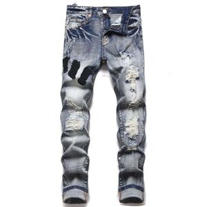 Jeans roxos Amris jeans para homens jeans de cintura média de cintura europeia Motociclista europeu Slim Fit Motorcycle Stripe Jeans de designer de moda para homens 426