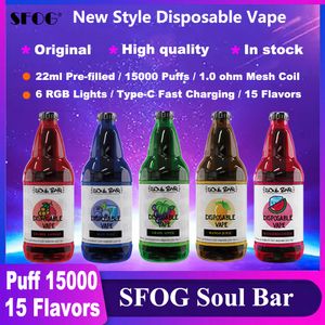 Yeni 15k puf 15000 tek kullanımlık e sigara sfog ruh bar 15000 puf vaper 22ml önceden doldurulmuş bölme fareler örgü bobin 6 rgb ışıklar 15 lezzetler vape şarj edilebilir buhar kalemi orijinal