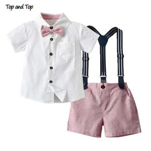 Kleidungssets Top- und Top -Sommer -Kinderkinder Baby Jungen formelles Set kurzärmeliges Hemd+Hängshose Casual Clothing Set Gentleman Set 2PCS D240514