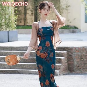 Abbigliamento etnico in stile cinese femmina Qipao sexy slim cheongsam blu jacquard floreale sera abito classico classico banchetto elegante