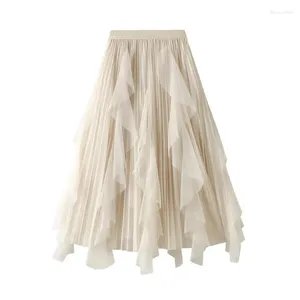 Skirts 2024 Spring High Waist Ruffle Edge Spliced Mesh Half Women's Mid Length Large Hem Pleated Skirt 0889