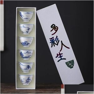 Coffeware Sets 6Pcs Blue And White Ceramic Kung Fu Tea Cup Set Porcelain Afternoon Teacup Espresso Cups Japanese Y Bowl Coffee 24030 Dhxup