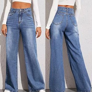 Jeans femininos cintura alta calças largas de pernas largas