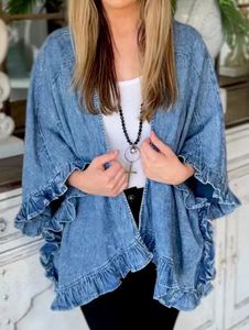 Vintage Cute Floral Splicing Pocket Denim Jacket Female Fashion Streetwear Lapel 34 Sleeves Ruffle Cardigan Loose Women Coat 240506