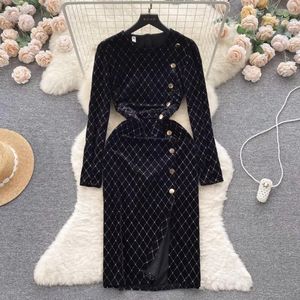 Lässige Kleider Vintage Herben Style Ladies Summer Sales Lapel Single Long Sleeve Argyle Vestidos Skinny Women Kleid Drop