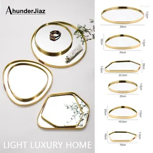 Decorative Figurines Nordic Light Luxury Metal Glass Plate Geometric Mirror Tray Golden Jewelry Display Storage Dish Wedding Gift Decoration