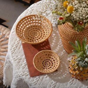 Plates 10/14.5cm Woven Serving Tray Round Bread Basket Decorative For Fruit Vegetable Snack Imitation Rattan