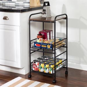Kitchen Storage 3-Tier Rolling Cart With 2 Metal Basket Drawers Black/Brown