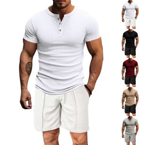 24 Summer Men's Leisure Sports Trendy T-shirt with Vertical Stripe Round Neck Single breasted Set for Men M514 45