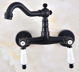 Kitchen Faucets Wet Bar Bathroom Vessel Sink Faucet Black Oil Rubbed Brass Wall Mounted Swivel Spout Mixer Tap Dual Ceramic Lever Mnf823