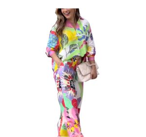 Colorful Printed Two Piece Women Casual Shirt and Wide Leg Pants Set Designer Women Summer Suit