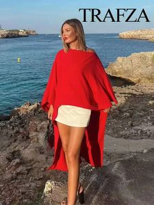 Bluzki damskie Trafza femlae elegancka luźna czerwona i biała satynowa koszula pół rękawów asymetryczny styl peleryny kobiet jesienna moda mody swoboda