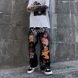 Retro Print Graffiti Straight Pants Loose Denim Trousers Street Casual Wide Leg Men Pants Hip Hop Cargo 240511