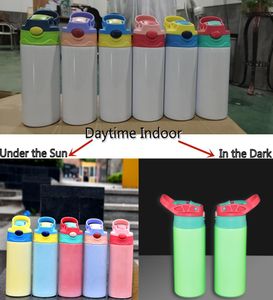 Två funktioner Child Water Bottle SubliMation Blanks 12oz Glow in the Dark UV Color Changing Straight Kids Tumblers rostfri Stee1548956