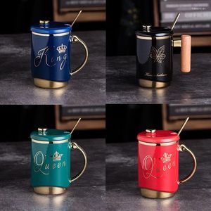 Mugs 400ML Simple Wooden Handle Coffee Mug With Lid Spoon Ceramic Milk Tea Gift Cup For Office And Home