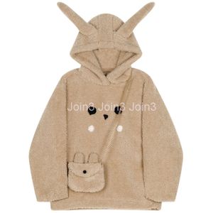 New design womens hooded cute sweet faux lamb fur loose plus velvet warm sweatshirt tops with small bag SML