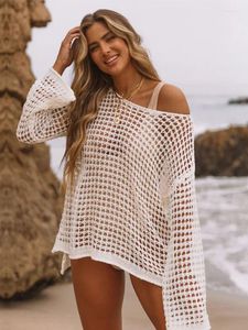 Sexy See Through Mesh Knited Bikini Cover-ups White Crochet Tunic Summer Tops Women Beach Wear Swim Suit Cover Up Q1298