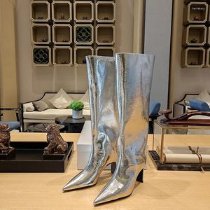 Boots Woman Knee Knee High Gold Silver Saltos Pumps Lady Fashion Designer de luxo Gladiator Slip On Shoes
