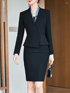 Two Piece Dress Contrast Color Women Suits Office Sets 2024 Fashion Long Sleeve V Neck Slim Blazers Chic Elegant Skirt