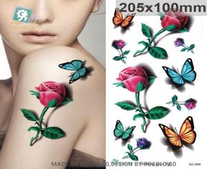 Body Art Waterproof Temporary Tattoo Sticker för kvinnor Vackra 3D -färger Butterfly Rose Large Arm Tatoo hela QC26093397948