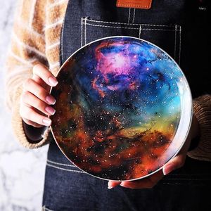 Pratos nórdicos de 8 polegadas de 8 polegadas coloridas de céu estrelado, abundante de esmalte colorido de sobremesa de cerâmica porcelana pintada à mão, conjunto de pratos criativos