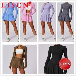 Work Dresses 10 Wholesale Ultraviolet-proof Dress Sets 2024 Fitness Two Piece Set Women Outfits Long Sleeve Zipper Jacket Mini Skirt K13676