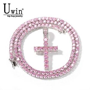 التنس Uwin Pink Cross Pendant CZ التنس سلسلة 4 مم زركونيا الذهب الذهب قلادة الفضة أزياء الهيب هوب المجوهرات D240514